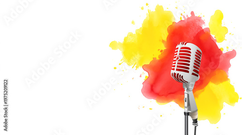 Retro red microphone with vibrant yellow and red paint splash background