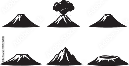 Volcano silhouette set erupting dormant crater stratovolcano mountain nature vector icon bundle