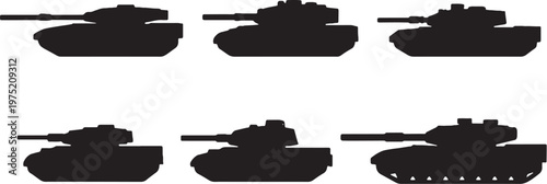 Main battle tank silhouettes bundle black military vehicle icons set isolated on white background