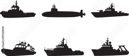 Marine vessel silhouette set tugboat submarine patrol rescue coast guard research ship vector bundle