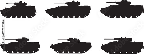 Infantry fighting vehicle silhouettes bundle black military combat vehicle icons set isolated on white background
