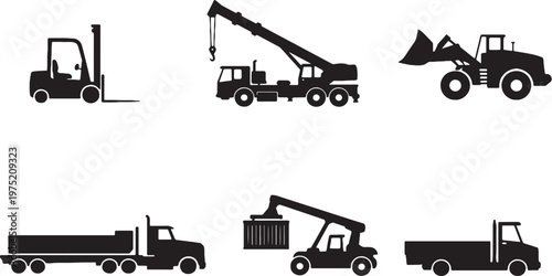Industrial vehicle silhouettes bundle forklift crane loader warehouse transport vector icons set