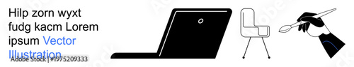 Digital art, creativity, technology, minimalism, modern tools, artistic expression. Black laptop, chair and hand holding a paintbrush in clean design. Technology and creativity concept