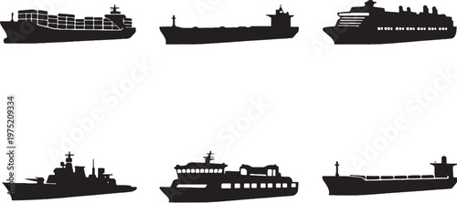Large ship silhouette set cargo tanker cruise ferry warship maritime transport vector bundle