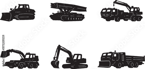Engineering Military Vehicle Silhouette Bundle Bulldozer Excavator Bridge Layer Black Vector Set