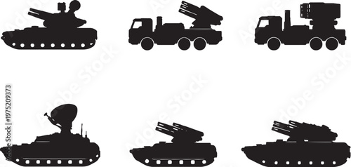 Anti Aircraft Vehicle Silhouette Bundle Air Defense Military Launcher Truck Black Vector Set
