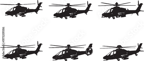 Tableau sur toile Attack Helicopter Silhouette Bundle Combat Gunship Military Aircraft Black Vecto