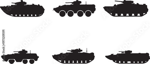 Amphibious Military Vehicle Silhouette Bundle Armored Water Land Combat Transport Black Vector Set