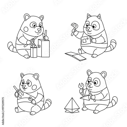 Set of four cute cartoon raccoons engaged in various DIY and crafting activities, line art illustration.