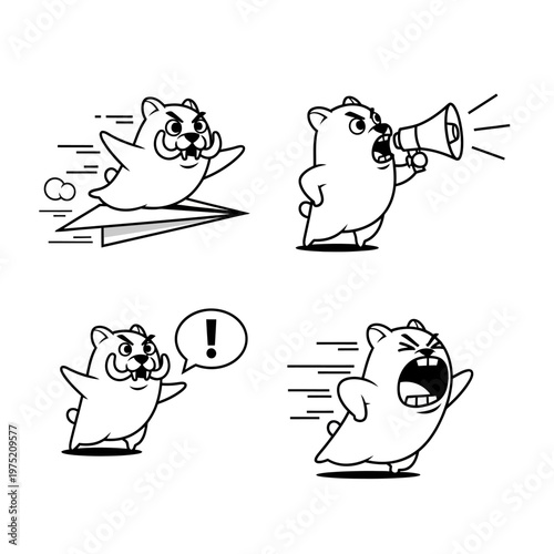 Set of four cartoon bears expressing various emotions and actions.