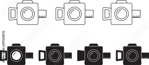 A comprehensive collection of multiple camera icons presented in both outline and solid black styles, showcasing various angles and details for photographic representation.