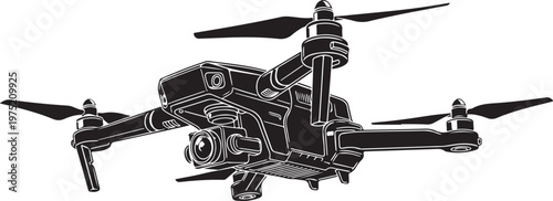 A black and white image of a drone with propellers Vector, illustration