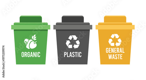 Three recycling bins: Organic, Plastic, and General Waste, isolated on white background.