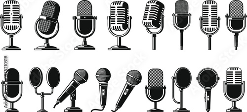 Large collection of vintage and modern microphone silhouettes including studio condenser mics and handheld dynamic models for podcasting radio broadcasting and music recording icons.