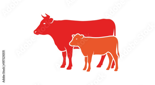 Red Cow and Calf Silhouette Icons on White Background