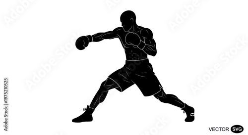 Silhouette of a boxer throwing a punch, athletic build, black and white