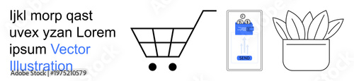 E-commerce, digital transactions, sustainability, retail technology, user interface, online shopping convenience. Shopping cart, mobile checkout screen plant pot line art. E-commerce and digital