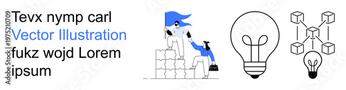 Team collaboration, innovation, blockchain technology, problem-solving, creativity, and strategic planning. Figures in teamwork, light bulb and blockchain design. Collaboration and innovation