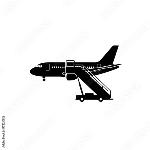 Passenger airplane with mobile boarding stairs, a clean vector illustration symbolizing air travel, airport operations, and global transport