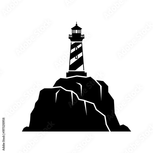 A solitary lighthouse stands tall on a rocky outcrop, its striped tower a beacon against the dark silhouette of the land and sea
