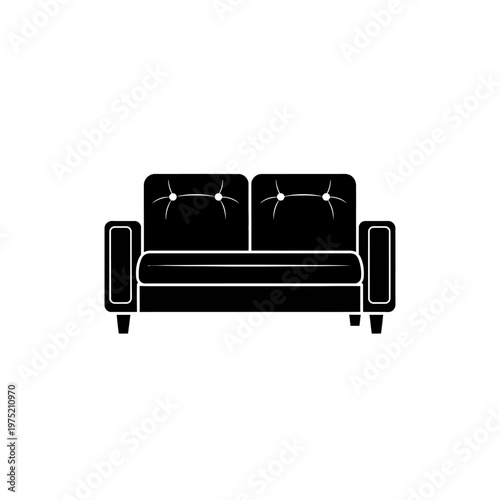 Simple black silhouette of a modern two-seater sofa with button tufting, perfect for interior design concepts and furniture illustrations
