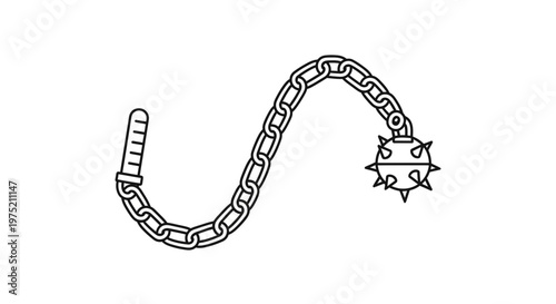 Medieval Weapon, Spiked Ball Flail with Chain and Handle, Black and White Icon