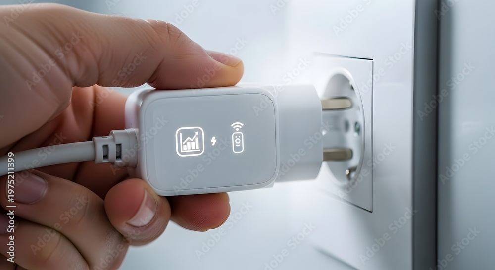 Naklejka premium Close-up of a smart home device being plugged into a wall socket for remote control and automation of household functions