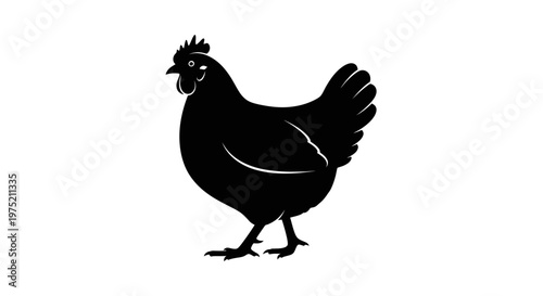 Black silhouette of a chicken standing on white background, simple illustration
