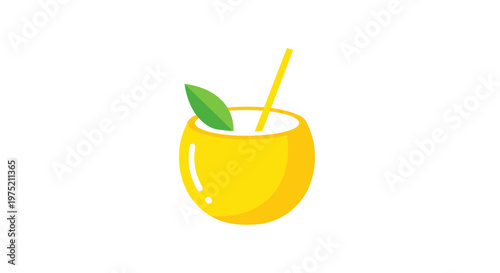 Fresh yellow coconut drink with straw and green leaf on white background