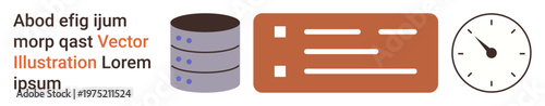 Data storage, interface design, time tracking, workflow processes, task management, and productivity solutions. Circular database stack, rectangular user interface analog clock. Data storage