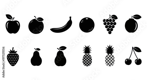Set of 10 Black Fruit Icons: Apple, Banana, Grapes, Strawberry, Pear, Pineapple, Cherry