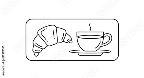 Croissant and Coffee Cup Icon: Breakfast, Morning, Bakery, Cafe, Food and Drink Line Art