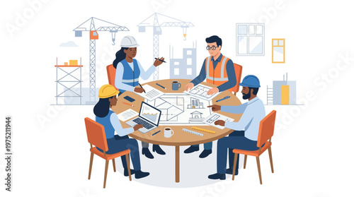 Diverse Team of Architects and Engineers Discussing Building Blueprints at a Round Table Meeting on a Construction Site Background