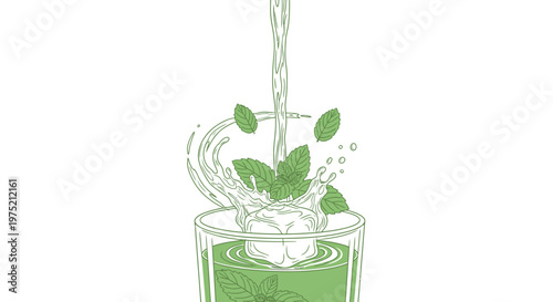 Refreshing mint drink illustration: liquid pouring into glass with ice cubes and fresh green mint leaves, creating a cool splash effect.