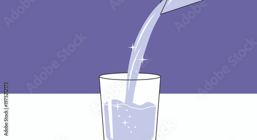 Clear liquid being poured from a pitcher into a clear glass, creating sparkling bubbles and ripples.