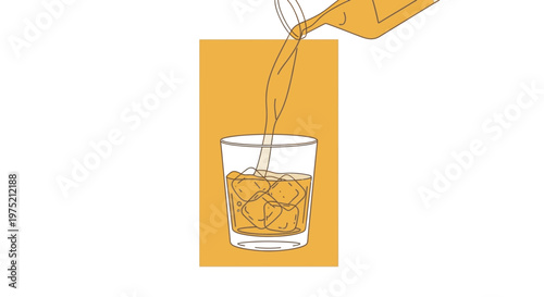 Pouring amber liquid with ice cubes into a clear glass, minimalist illustration with orange background