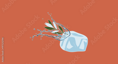 Ice cube with green leaves and splashing water against a warm orange background, symbolizing freshness and nature