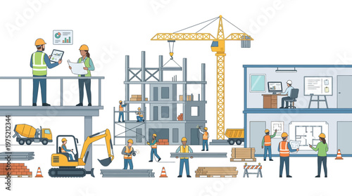 Construction Site Illustration with Architects, Engineers and Builders Working on Building Project; Professional Civil Engineering and Architectural Design Vector
