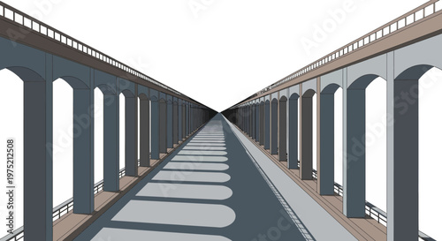 Endless Minimalist Bridge Aqueduct Architecture with Arched Columns and Strong Perspective Illustration