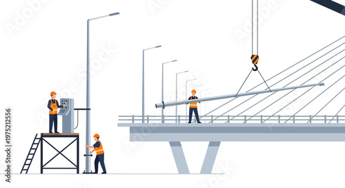 Bridge Construction Site Vector Illustration with Workers Building Modern Urban Infrastructure