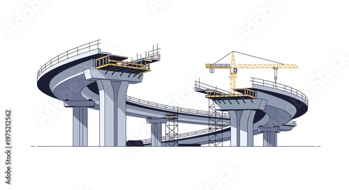 Vector Illustration of Bridge Construction Site with Crane and Highway Overpass Infrastructure