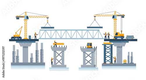 Bridge Construction Site with Tower Cranes and Workers Building Infrastructure, Civil Engineering Flat Vector Illustration