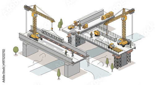 Isometric Bridge Construction Site with Tower Cranes and Infrastructure Development Illustration