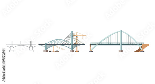 Bridge Construction Stages Vector Illustration: From Blueprint Design and Work in Progress with Cranes to Finished Architectural Project