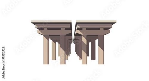 Minimalist Perspective of Highway Bridge Pillars and Concrete Overpass Infrastructure Isolated on White