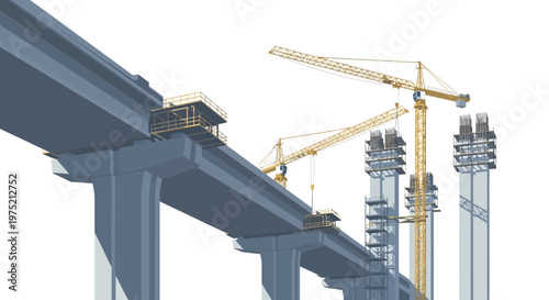 3D Illustration of Bridge Construction Site with Tower Cranes and Concrete Pillars Isolated on White Background for Infrastructure Development Projects