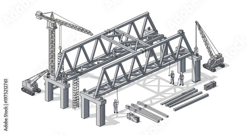 Isometric Illustration of Bridge Construction Site with Tower Cranes, Steel Trusses, and Industrial Workers for Infrastructure Engineering Projects