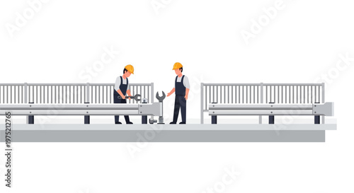 Construction Workers Repairing Bridge Guardrail Vector Illustration - Road Maintenance and Infrastructure Safety Workers with Tools and Hard Hats