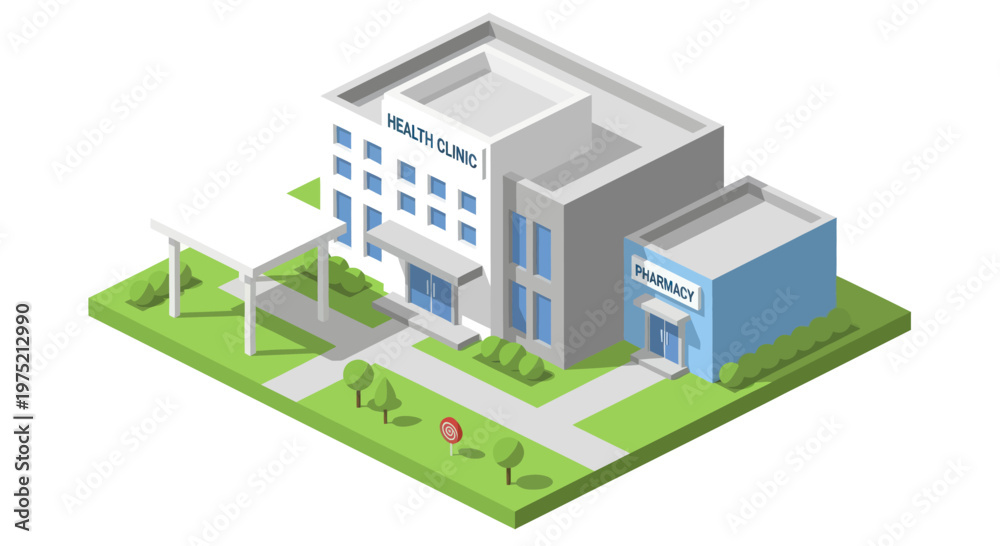 Fototapeta premium Isometric view of a modern hospital building with surrounding landscape.