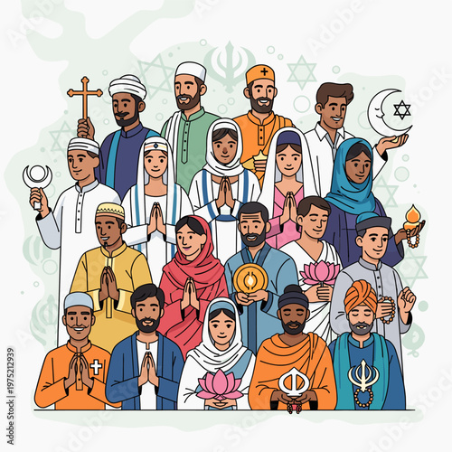 Diverse group of people from various religions and cultures standing together, holding symbols of their faith and promoting unity and peace.